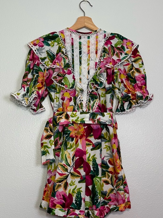 FARM Rio Dresses & Skirts - FARM Rio White Floral Ruffle Lace-Trim Mini Dress with Pink & Green